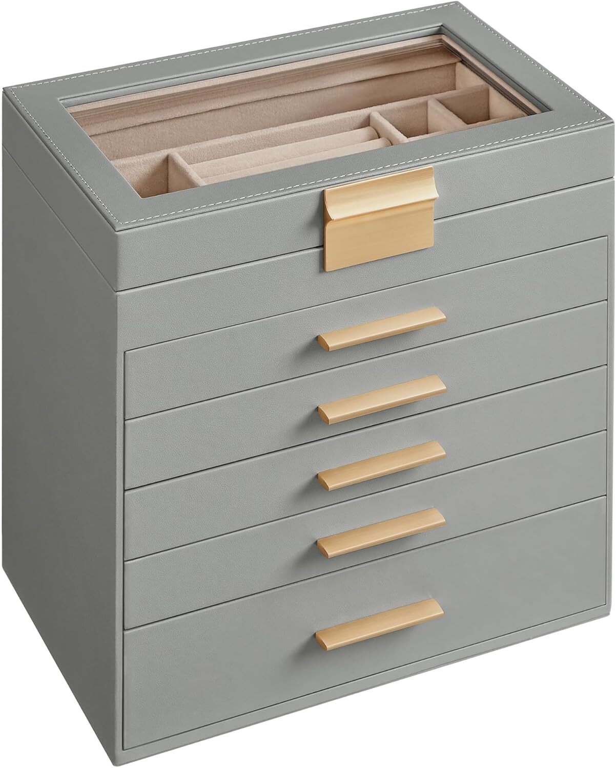 Jewelry Box with Glass Lid, 6-Layer Jewelry Organizer, 5 Drawers-image
