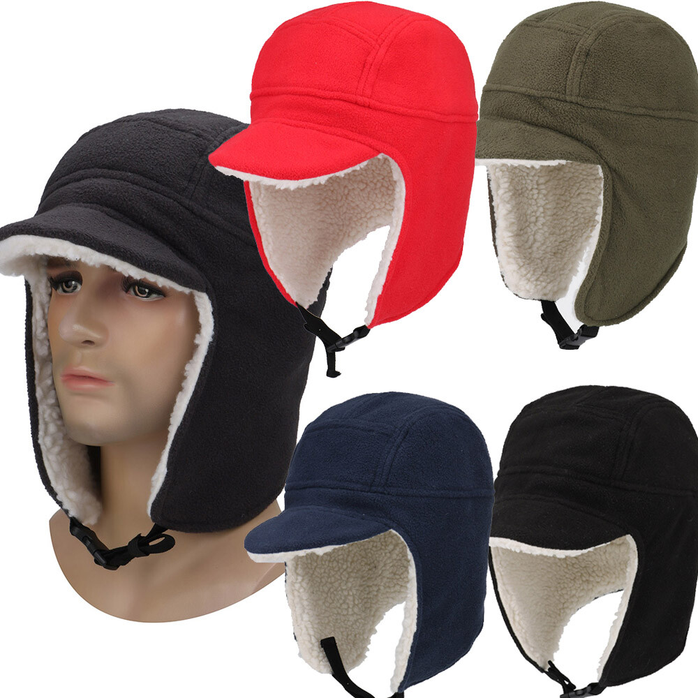 Winter Fleece Cap Wool Warm Ski Hat with Visor Windproof Earflap