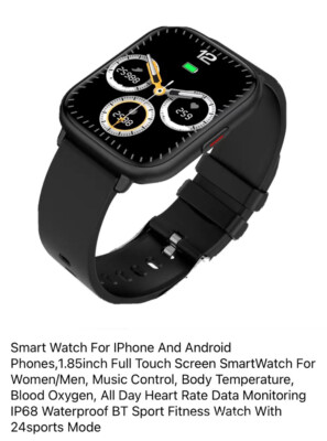 New Men/women Black Waterproof Smart watch For iPhone & Android 1.85  Screen