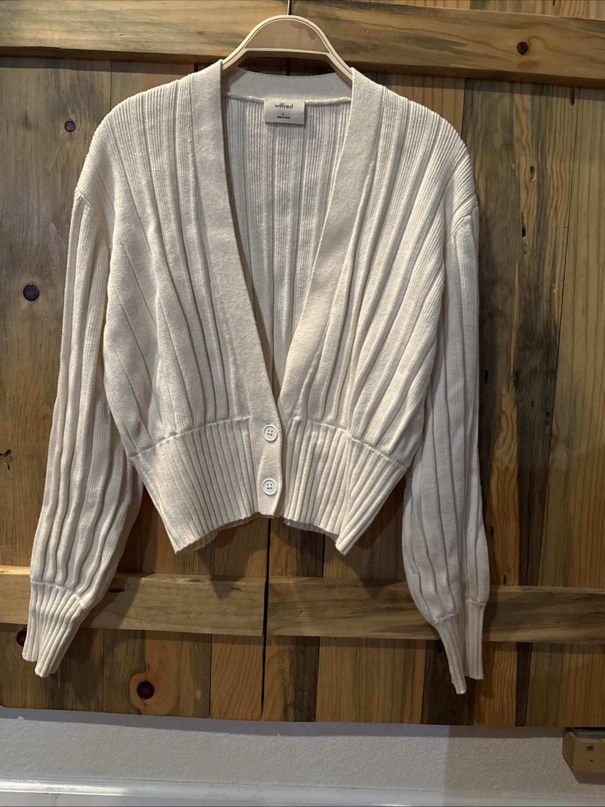 Size S Aritzia Wilfred Plunge Front Light Birch Merino Wool Cardigan Sweater (1P