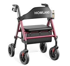 NEW Homland 4 Wheel Walker, Foldable, Reinforced Frame, Large 8" Wheels, Red 