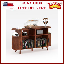 Round Mid-Century Record Player Stand with Charging Station  Vinyl Storage Room