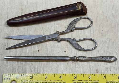 Vintage German Floral Sewing Scissors Letter Opener Sheath Vanity Desk Lot