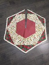 Quilted Christmas Tree Skirt Round Patchwork Fabric Red Green White Vintage