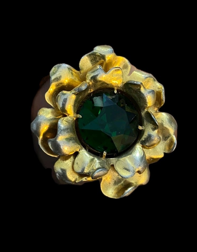 Vintage Eisenberg Original Fur Clip Gold Flower With Emerald Color