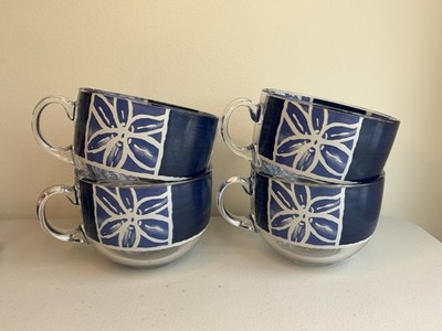 Set of 4 Luminarc MARINE Cup Mugs Made In France Tempered Glass Blue Floral Chic