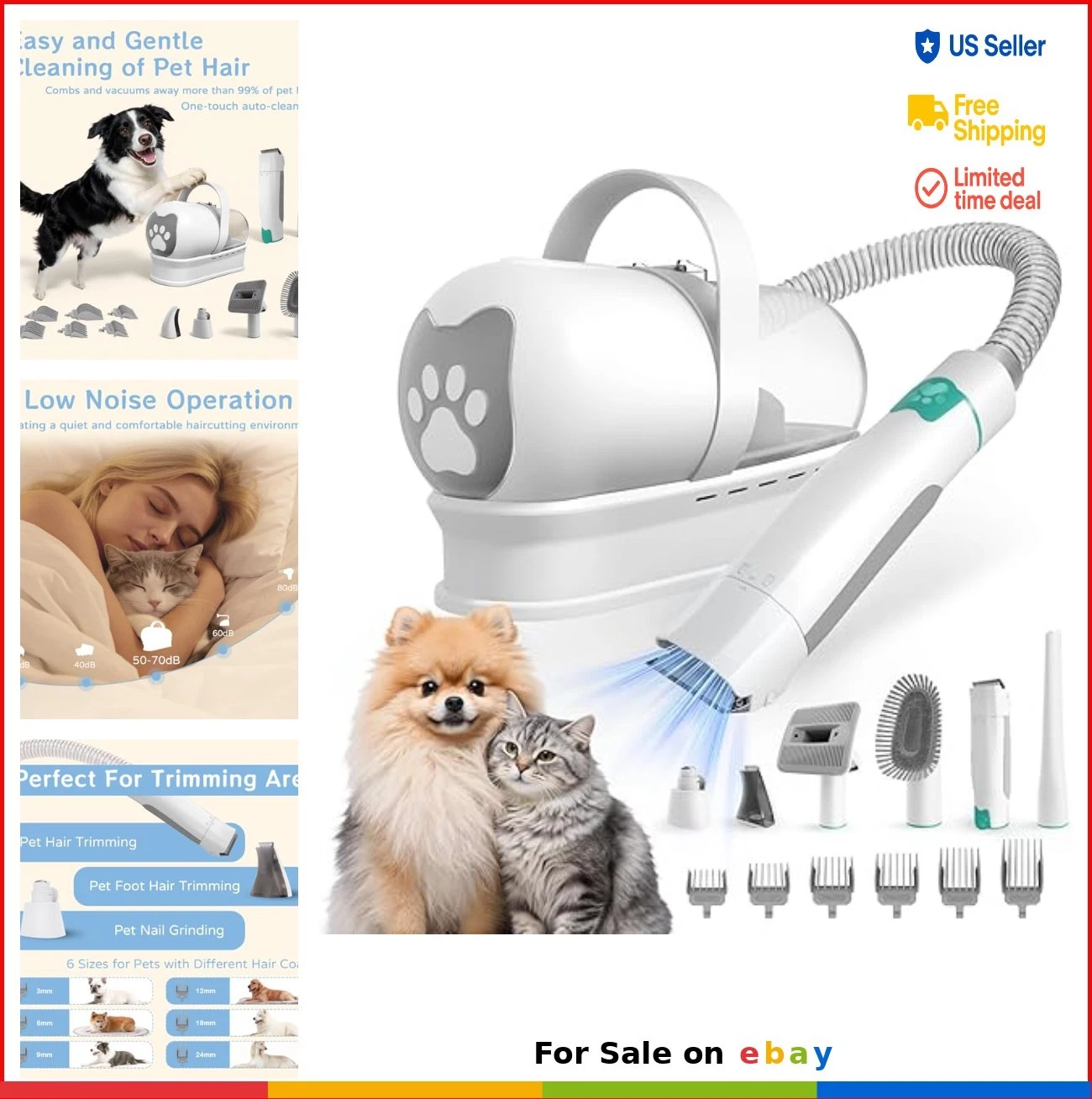Pet Grooming Vacuum Kit with Clippers Nail Grinder 6-in-1 for Dogs Cats Shedding