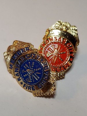 Set Of 2 Kansas City Fire Brigade Firefighter Lapel Pins Blue & Red 1''