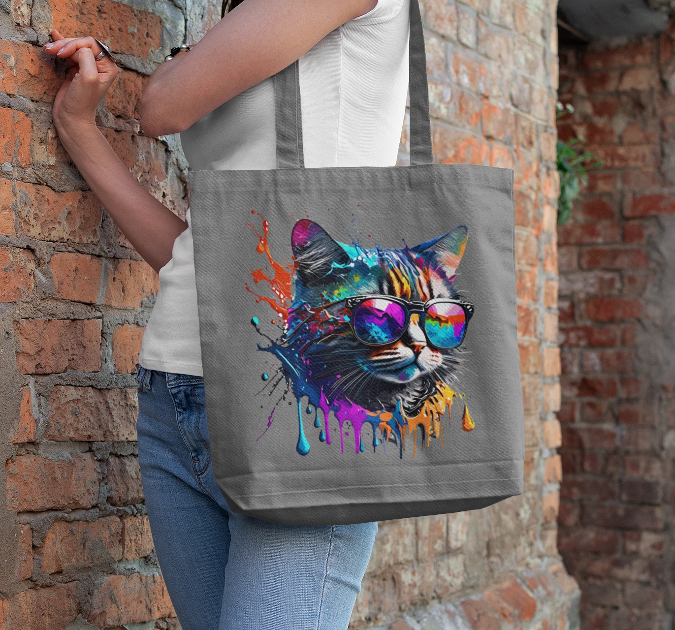 Cool Cat Art Gift Set, T-Shirt, Mug and Tote Bag, Watercolor Splash Design White image 5