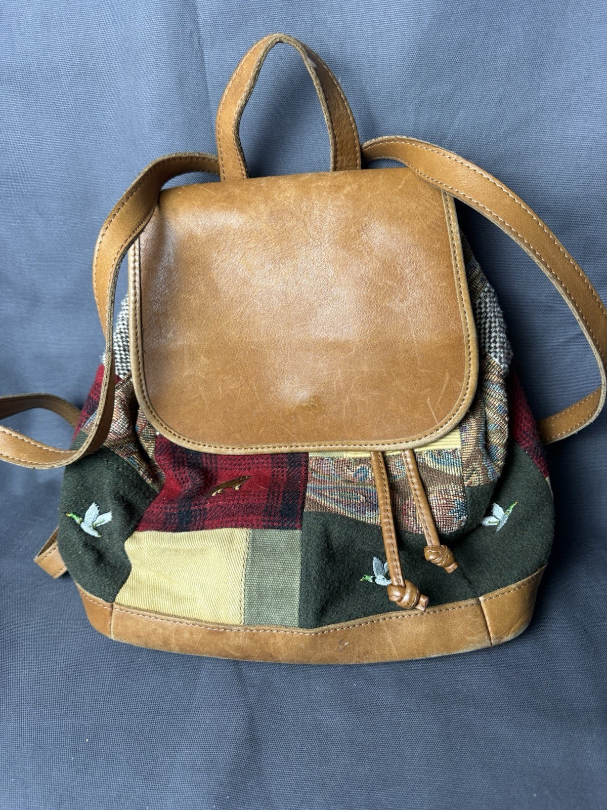Ll Bean Patchwork Mini Backpack Vintage Leather O… - image 2