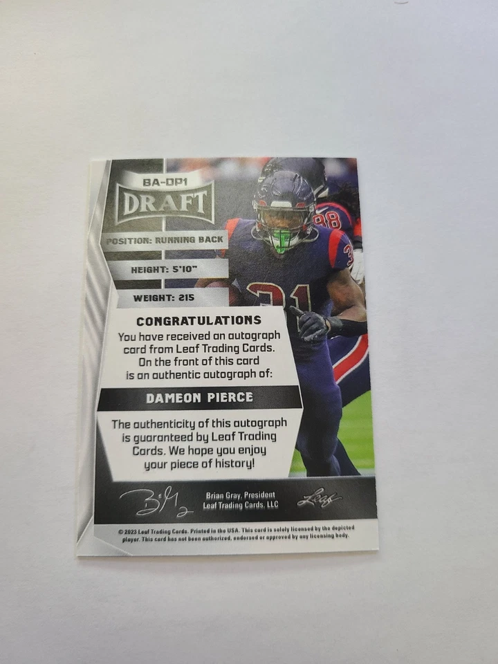 Dameon Pierce AUTO 2023 Leaf Draft Autograph #BA-DP1 Houston Texans Green - Image 2 of 2