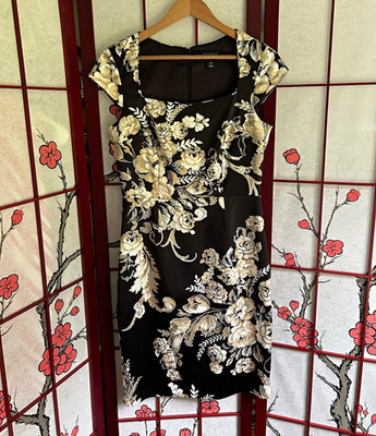 White House Black Market Sheath Dress Floral Black Size 8 Knee Square Neck