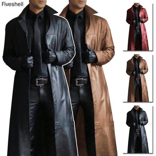 Man Steampunk Pu Leather Trench Coat Solid Color Long Lapel Gothic Jacket