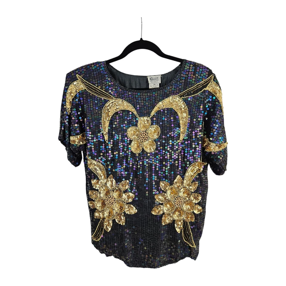 Vintage Silk Sequin Blouse 3X Glam Evening Mardi Gras Gunit Fashions - Image 2 of 4