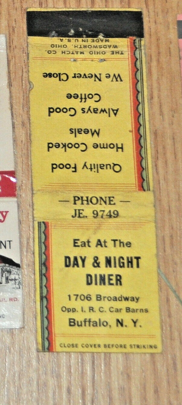 1930s Buffalo NY Advertising Matchbook Day & Night DINER I.R.C. RR Car Barn NEAT