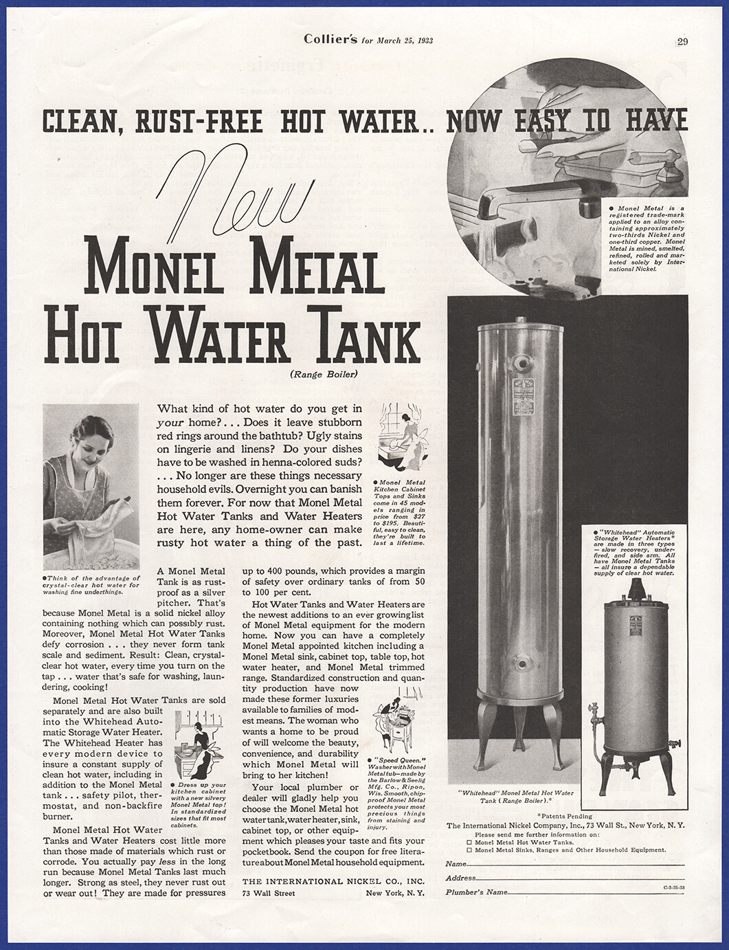 Vintage 1933 MONEL METAL Hot Water Tank Heater Boiler 1930's Print Ad