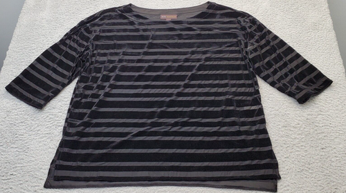 Dana Buchman Shirt Oberteil Damen XL schwarz Samt gestreift 3/4 Arm Rundhals Schlitz