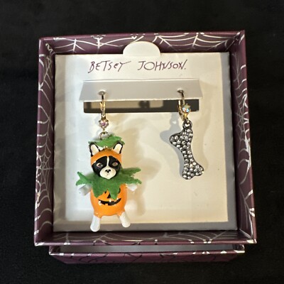 BETSEY JOHNSON PUMPKIN DOG & BONE EARRINGS MISMATCH HALLOWEEN DANGLE With Box