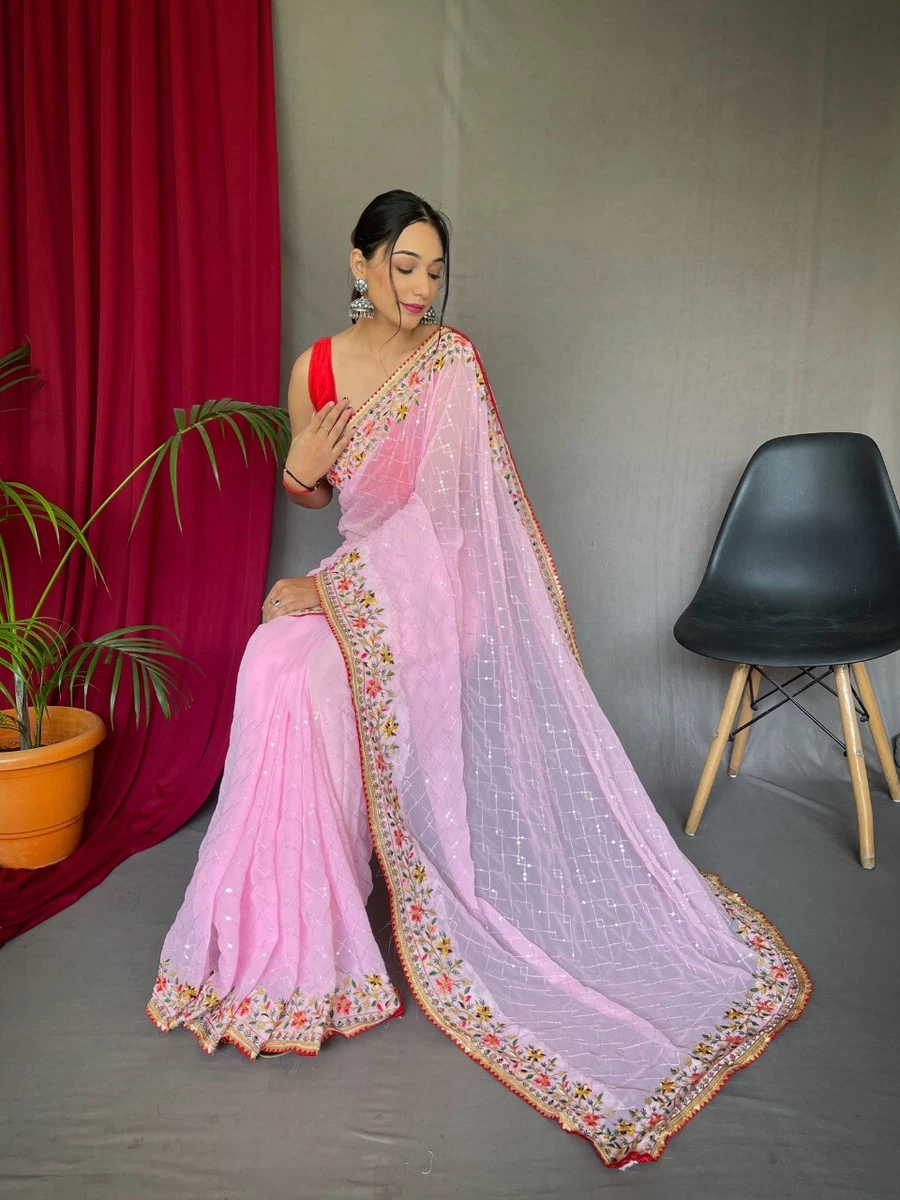 Wedding Stylish Pink Georgette sarees Fully Sequence Hand work Border Sari  Top