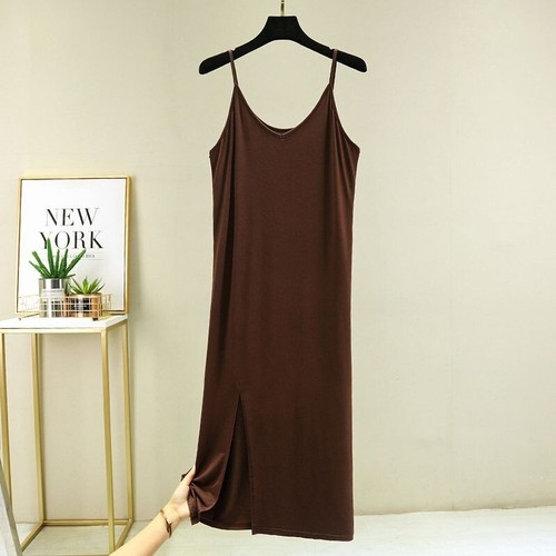 Modal V-Neck Women Nightdress Summer Sleeveless Dress with Slit Hem Lounge Wear - Picture 9 of 22
