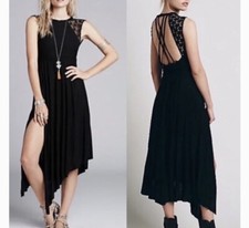 Free People Black Afternoon Delight Midi Asymmetrical Crochet Detail Dress Small