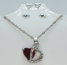 Red Rhinestone Double Heart Necklace 2 Pair of Earrings Love Jewelry Gift Set