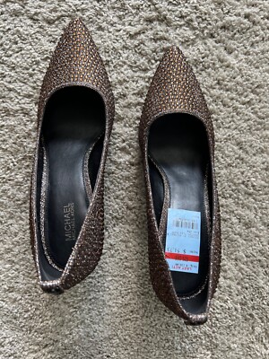 Michael Kors Dorothy Flex Pump Glitter Leather Heels 7.5 BLK/BRNZ/SIL