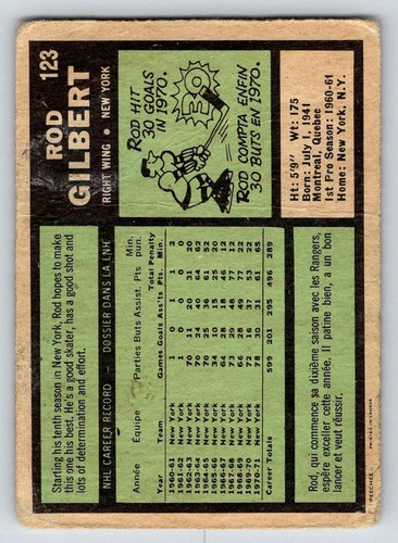 1971-72 O-Pee-Chee #123 Rod Gilbert Low Grade (ref 215934) - Picture 2 of 2