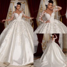 Luxury A-Line Wedding Dresses V-Neck Sulfur Sleeves Lace Beaded Bridal Ball Gown