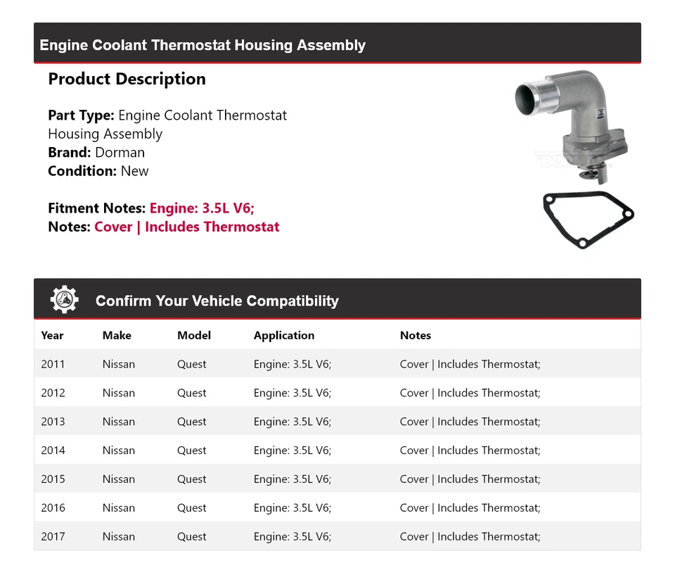 For 2011-2017 Nissan Quest 3.5L V6 Dorman Thermostat Housing Assembly 2012 2013 - Image 2 of 4