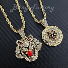 Hip Hop Iced Tiger Head Lab Diamond Pendant  24" Rope Chain Bling Necklace Set