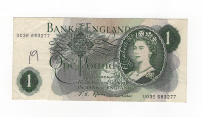 BANK OF ENGLAND J.S.FFORDE 1967 PREFIX  U03E 683277 FREEPOST UK