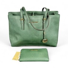 Michael Kors Jet Set Travel Malachite Green Leather Handbag Purse & Wallet New