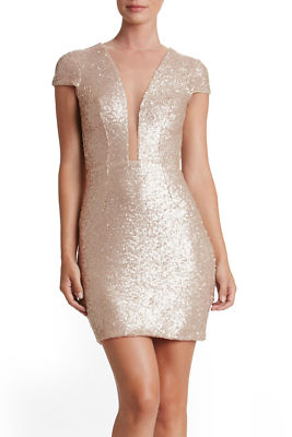 DRESS THE POPULATION 'KYLIE' PLUNGING NECK SEQUIN GOLD DRESS sz  L