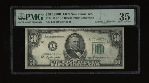 DBR 1950-B $50 FRN San Francisco STAR Fr. 2109-L* PMG 35 Serial L00440138* - Picture 1 of 2