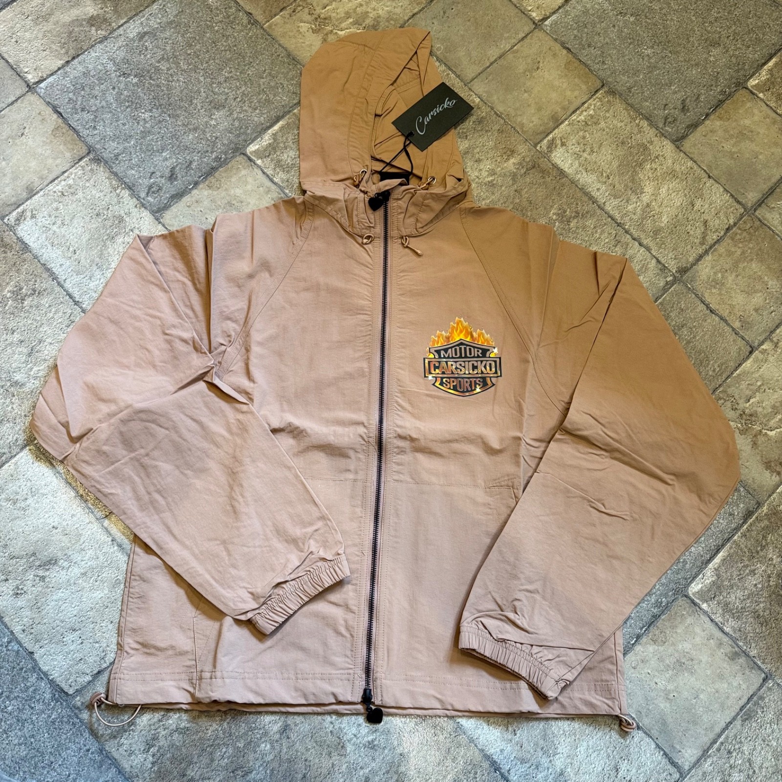 Giacca a vento Carsicko Motor Sports uomo marrone medio con cappuccio zip intera nuova