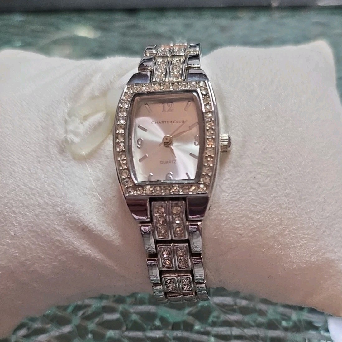 Charter Club Silver Tone Quartz Analog Women's Dress Wristwatch Gemmed Bracelet