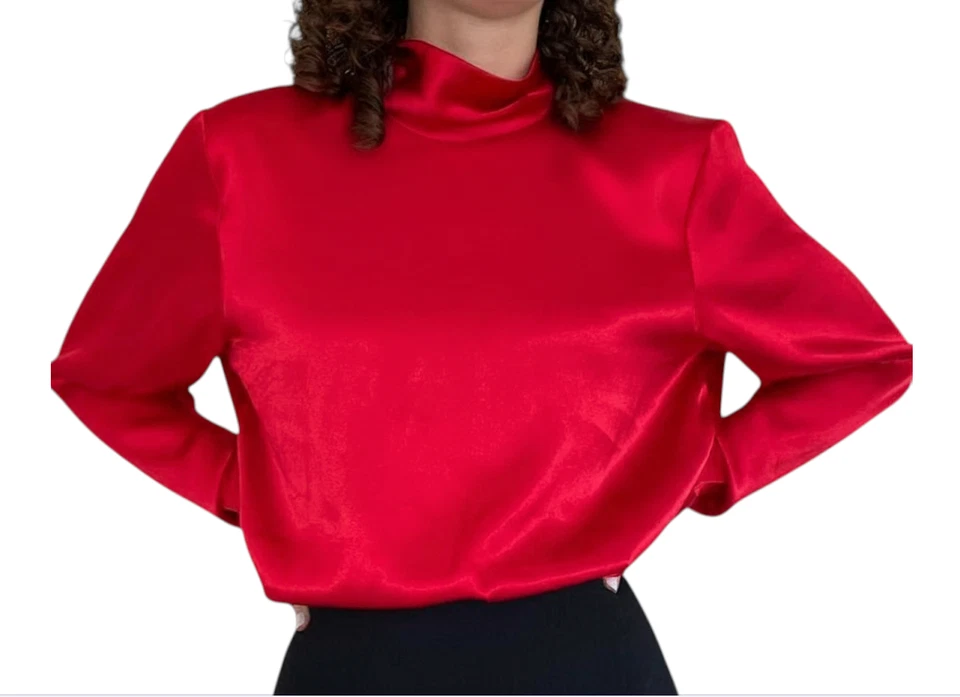 复古 Liz Baker 衬衫上衣亮红色缎面液体丝绸高领后扣 12 — 第 2/4 张图片