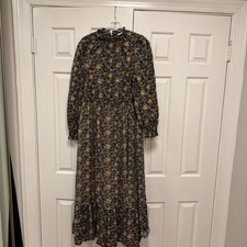 Universal Thread Dress Womens Medium Blue Floral Long Sleeve Ruffle Maxi A-Line