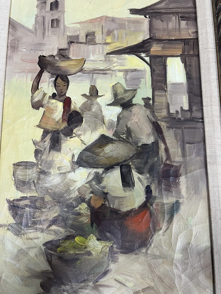 CESAR BUENAVENTURA ARTE FILIPINO ORIGINAL "VENDEDORES CALLEJEROS" ÓLEO SOBRE LIENZO 1969 Foto 2 de 4