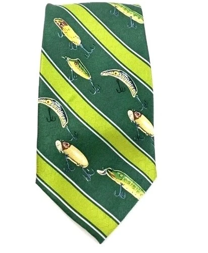 Mens Fish Tie Cabelas Fly Fishing Lures Necktie 100% Silk Fisherman Unique EUC
