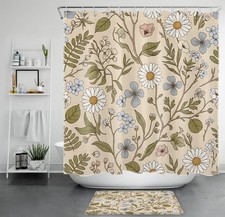 Green Leaf Blue and Yellow Floral Beige Shower Curtain Set for Bathroom Decor