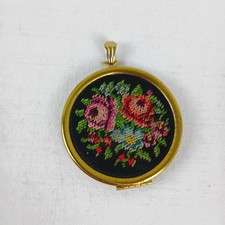 Vtg Avon Needlepoint Roses Petit Point Pendant Locket no chain floral locket