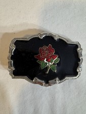 Vintage Rose Flower Silver Tone Black Red Enamel Belt Buckle Made In The USA