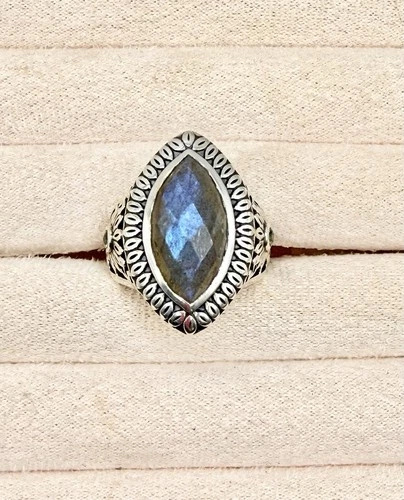 VINTAGE 925 Sterling Silver Sunflower Blue Fire Labradorite Ring Size 10