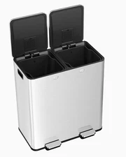 16 Gallon Dual Compartment Step Trash Can – Quiet-Close, Stainless Steel Bin