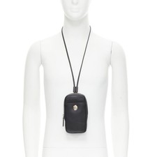 Versace Split Leather Neck Crossbody Bag Men Black One Size