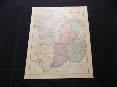 1885 Antique Atlas Map / OHIO, MICHIGAN, ILLINOIS, INDIANA, WISCONSIN ...