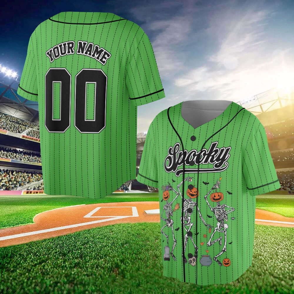 Personalized Dancing Skeleton Baseball Jersey, Spooky Season Jersey Pumpkin Men