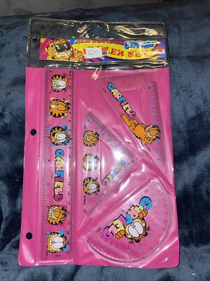 Vintage Garfield 80s Trapper Keeper Ruler Set Protractor Orange Cat Shenny NEW